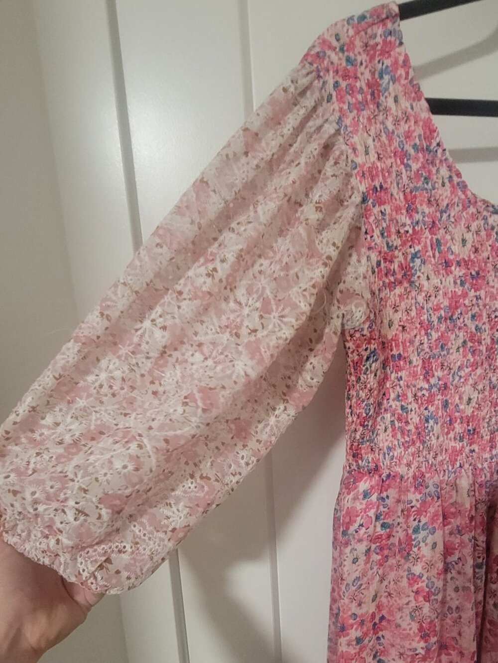 Melloday Pink Floral Smocked Top Fully Lined Maxi Dress - Size Large - Picture 3 of 8